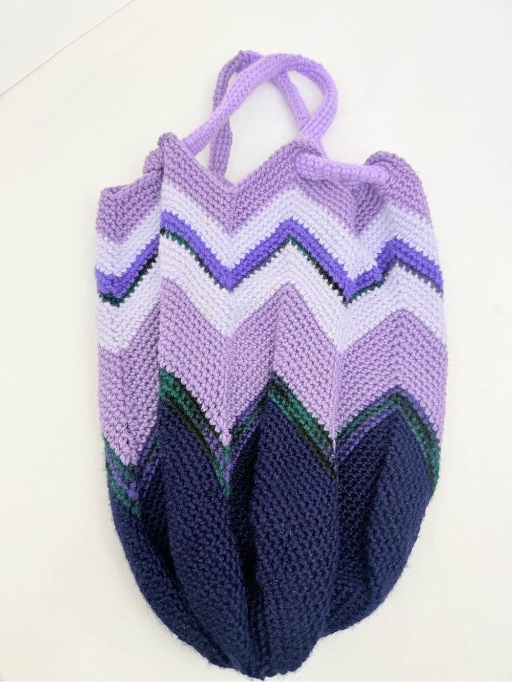 Hand Crafted Purple Striped Knit Tulip Shape Drawstring Strap Hobo Slouch Bag